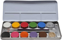 Schminkpalette aus Metall, 2 Glitzerfarben und 2 Pinsel, 10 Farben